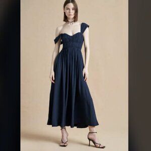 New LA LIGNE Fabianna Midi Dress Smocked Bodice On\Off Shoulder Navy M MSRP $500